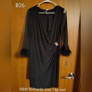 R&M Richards Black Draped V-Neck Dress with Feather Cuffs